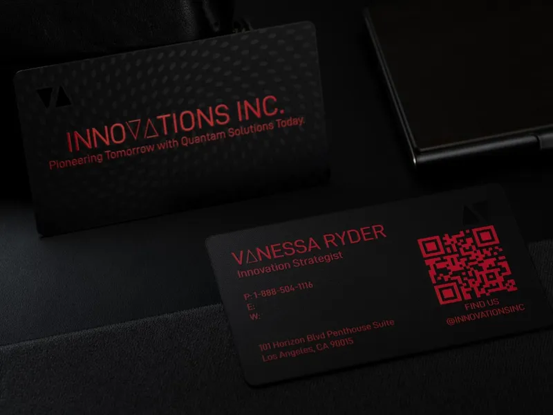 Tarjeta metálica negra mate con grabado láser de código QR en alto contraste